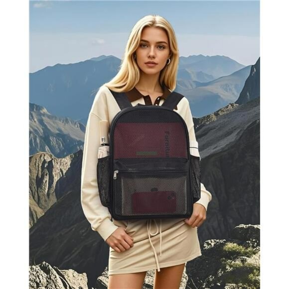 Lightweight Mesh Backpack See Through School College Travel Beach Sports Bag - Picture 2 of 7